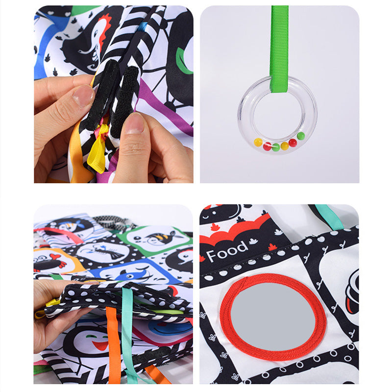 Tummy Time Floor Mirror, Double High Contrast Play and Pat Activity Mat Black and White Baby Crinkle Toys with Teether, Great Gift for Infants Boys and Girls