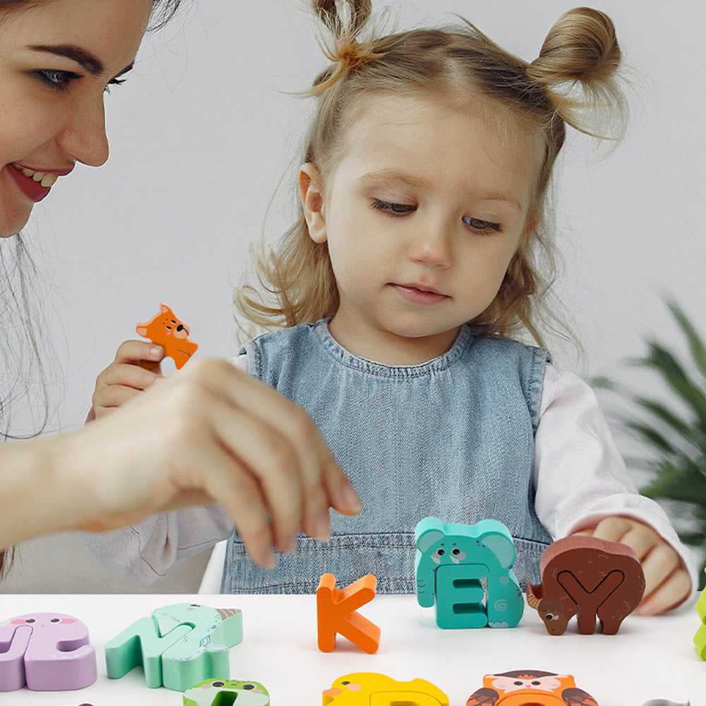 TL-1023 Wooden Alphabet Animal Puzzles for Toddlers, Montessori Educational Brain Peg Puzzles For Toddlers