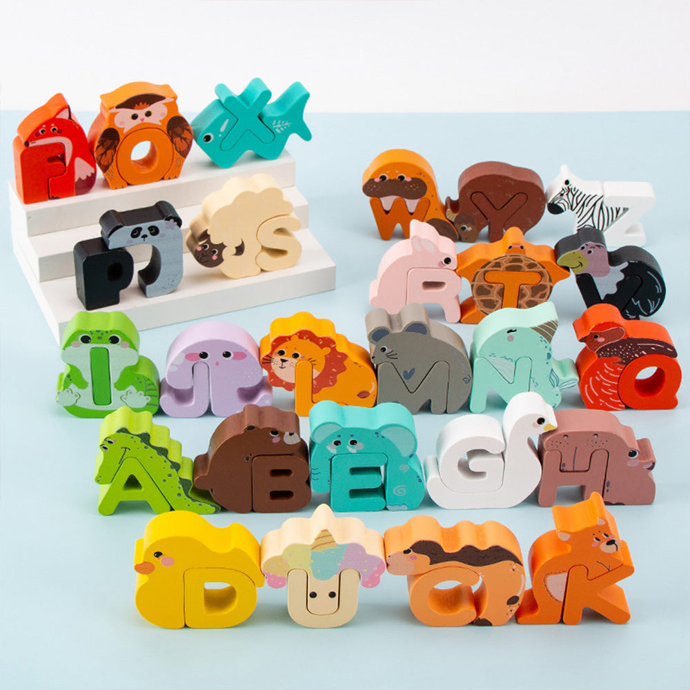 TL-1023 Wooden Alphabet Animal Puzzles for Toddlers, Montessori Educational Brain Peg Puzzles For Toddlers