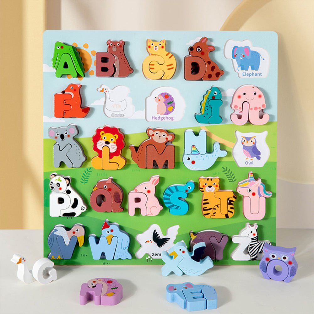 DX-111401 Wooden Alphabet Animal Puzzles for Toddlers, Montessori Educational Brain Peg Puzzles For Toddlers