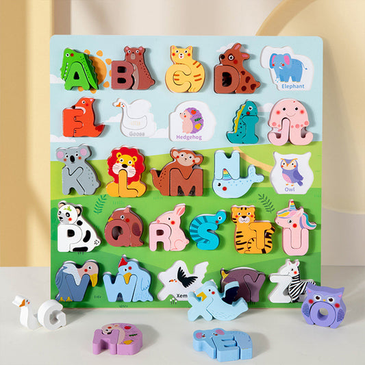 DX-111401 Wooden Alphabet Animal Puzzles for Toddlers, Montessori Educational Brain Peg Puzzles For Toddlers