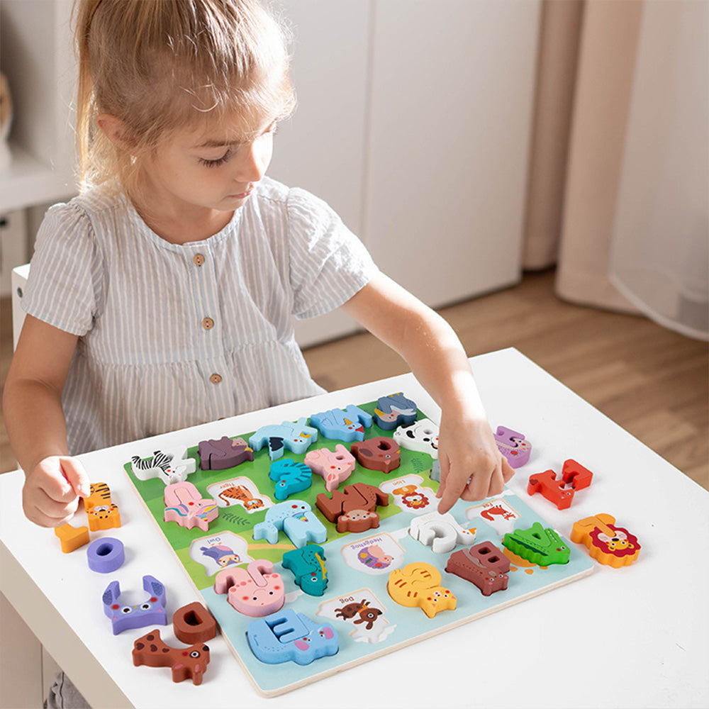 DX-111401 Wooden Alphabet Animal Puzzles for Toddlers, Montessori Educational Brain Peg Puzzles For Toddlers