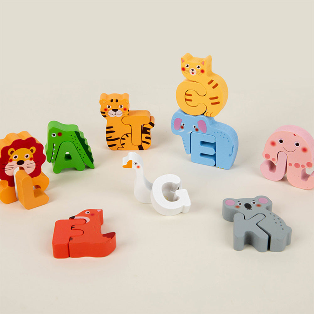 DX-111401 Wooden Alphabet Animal Puzzles for Toddlers, Montessori Educational Brain Peg Puzzles For Toddlers