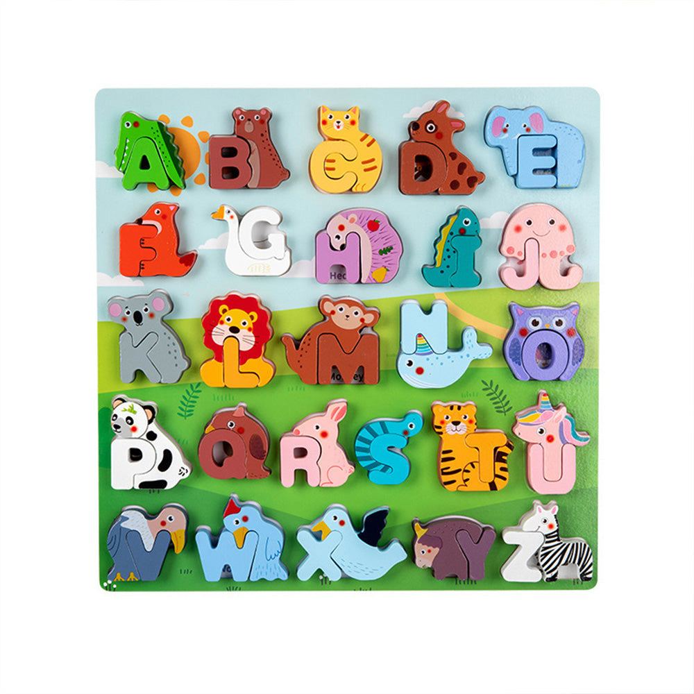 DX-111401 Wooden Alphabet Animal Puzzles for Toddlers, Montessori Educational Brain Peg Puzzles For Toddlers