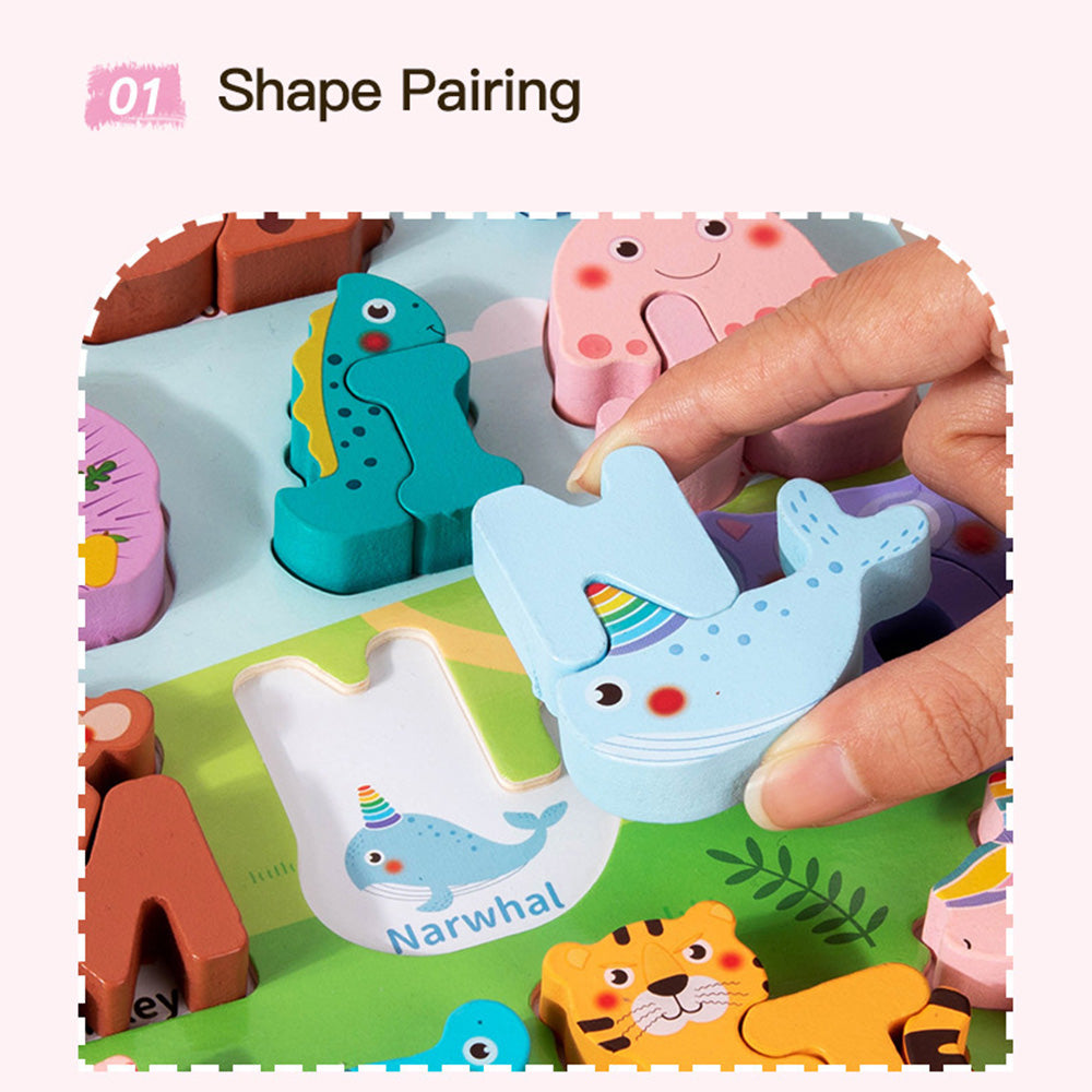 DX-111401 Wooden Alphabet Animal Puzzles for Toddlers, Montessori Educational Brain Peg Puzzles For Toddlers
