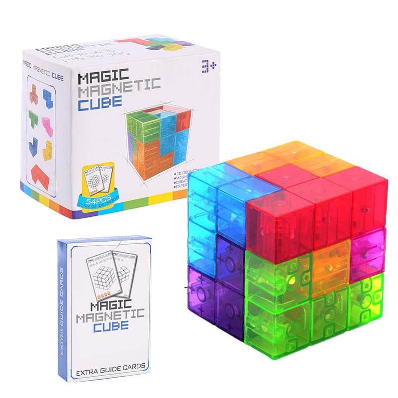 Magnetic Building Blocks Magic Magnetic 3D Puzzle Cubes, Set of 7 Multi Shapes Magnetic Blocks with 54 Guide Cards, Children's Educational Toys and Stress Relief Fidget Toys for Kids Adults