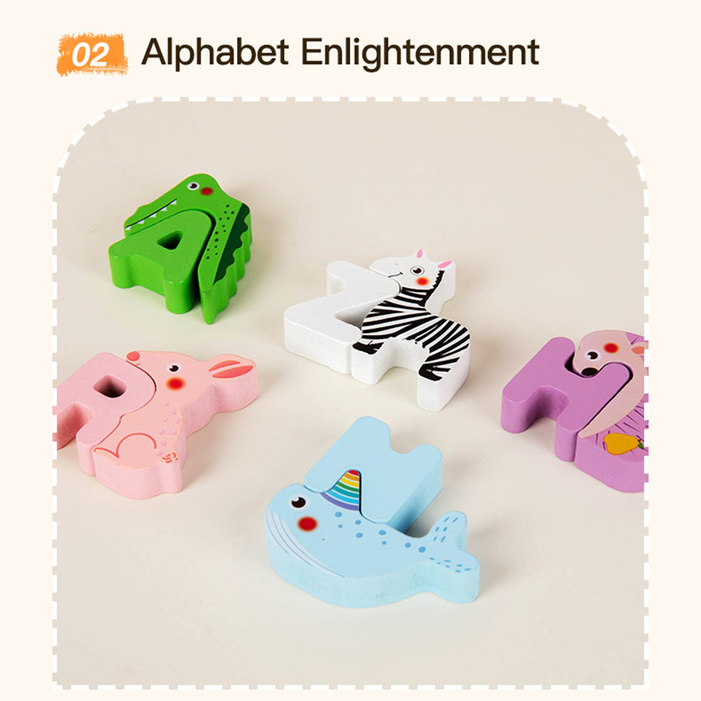 DX-111401 Wooden Alphabet Animal Puzzles for Toddlers, Montessori Educational Brain Peg Puzzles For Toddlers