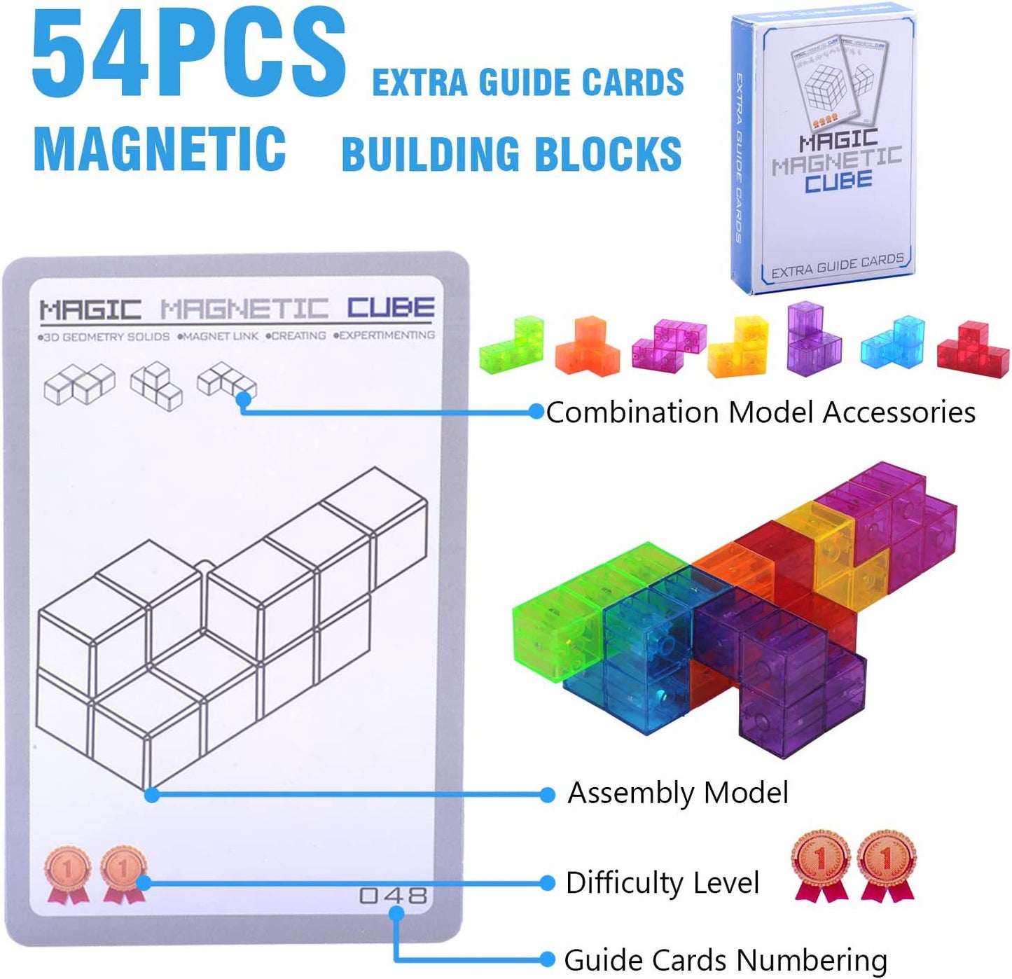 Magnetic Building Blocks Magic Magnetic 3D Puzzle Cubes, Set of 7 Multi Shapes Magnetic Blocks with 54 Guide Cards, Children's Educational Toys and Stress Relief Fidget Toys for Kids Adults