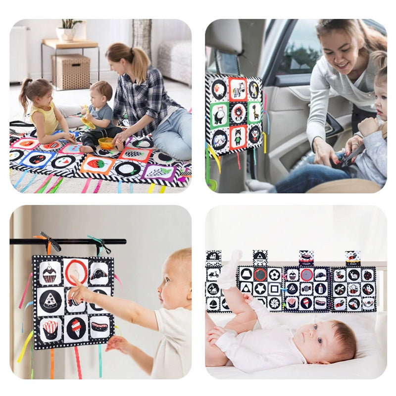 Tummy Time Floor Mirror, Double High Contrast Play and Pat Activity Mat Black and White Baby Crinkle Toys with Teether, Great Gift for Infants Boys and Girls