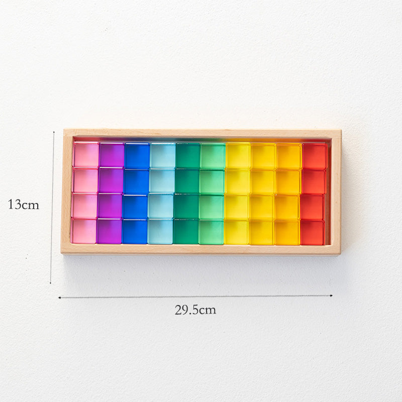 B011 Acrylic Gem Cubes Blocks Translucent Rainbow Building Cubes Crystal Acrylic Cubes Educational Sensory Training Crystal Toys with Wooden Storage Boxes