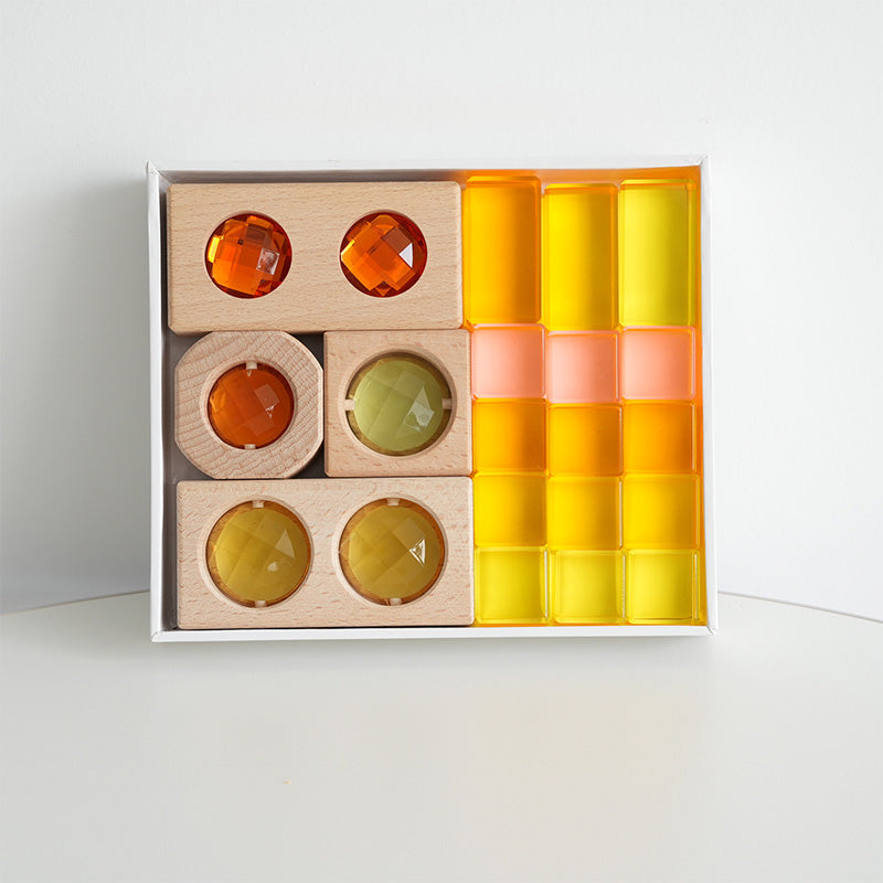 B013 Wooden Gem Blocks Stacking Toys,Colorful Acrylic Windows Blocks, Rainbow Crystal Acrylic Building Cubes Educational Sensory Training Crystal Toys