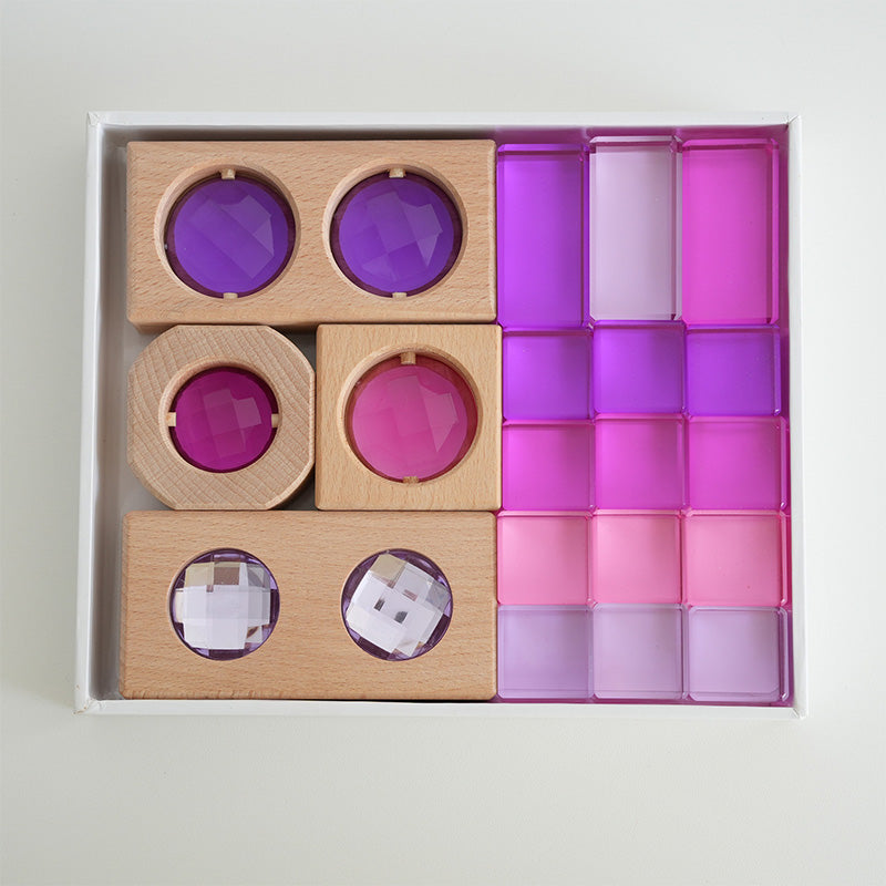 B013 Wooden Gem Blocks Stacking Toys,Colorful Acrylic Windows Blocks, Rainbow Crystal Acrylic Building Cubes Educational Sensory Training Crystal Toys