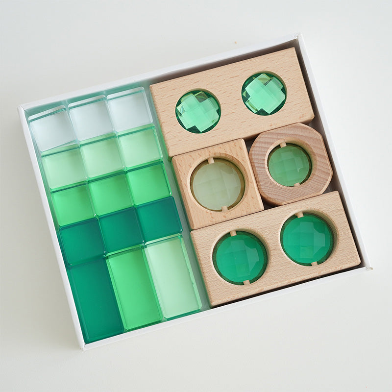 B013 Wooden Gem Blocks Stacking Toys,Colorful Acrylic Windows Blocks, Rainbow Crystal Acrylic Building Cubes Educational Sensory Training Crystal Toys