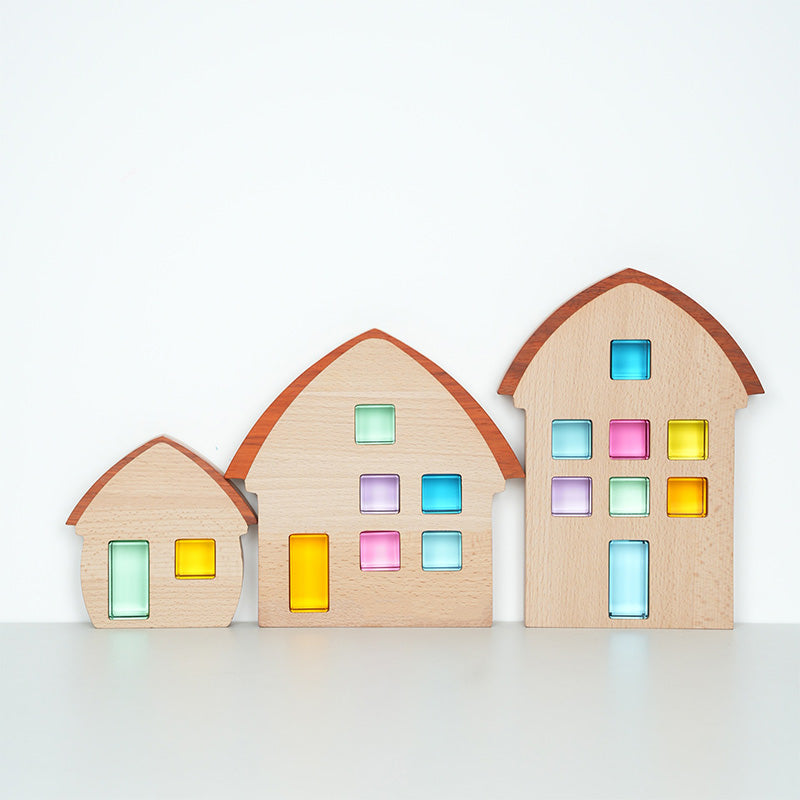B012 Wooden Building Blocks Set for Kids, 36 PCS Rainbow Acrylic Gem Cubes Blocks - 3 Wood House, Montessori Stacking Toy for Toddlers