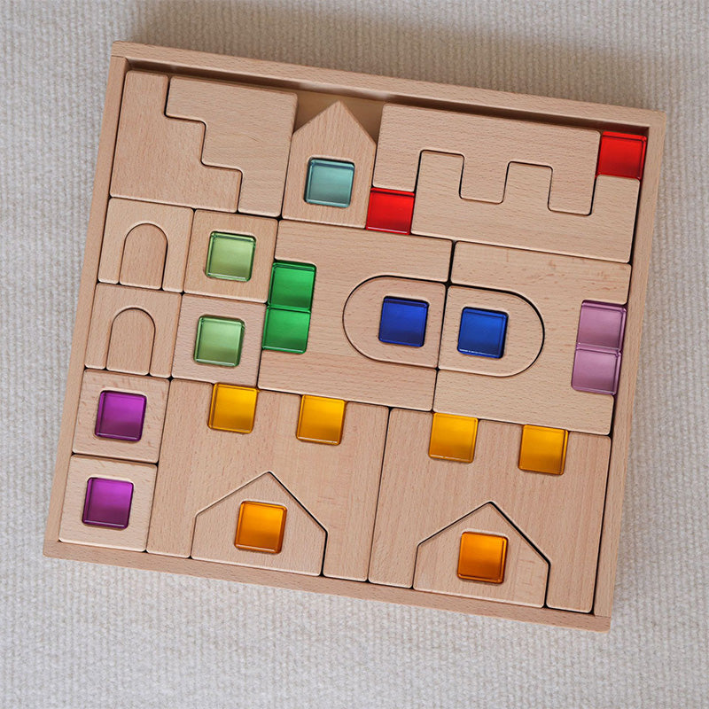 B013 Wooden Gem Blocks Stacking Toys,Colorful Acrylic Windows Blocks, Rainbow Crystal Acrylic Building Cubes Educational Sensory Training Crystal Toys