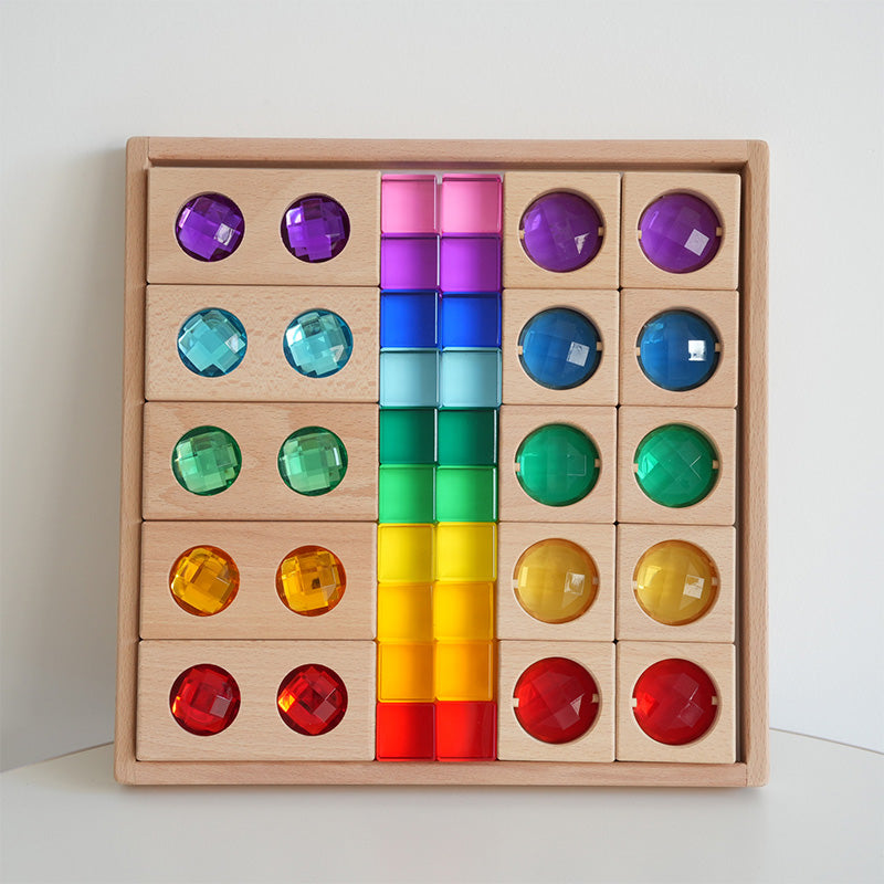 B013 Wooden Gem Blocks Stacking Toys,Colorful Acrylic Windows Blocks, Rainbow Crystal Acrylic Building Cubes Educational Sensory Training Crystal Toys