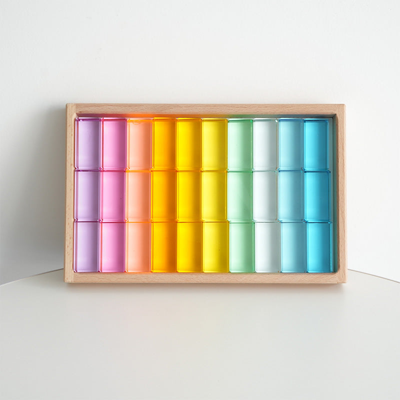 B011 Acrylic Gem Cubes Blocks Translucent Rainbow Building Cubes Crystal Acrylic Cubes Educational Sensory Training Crystal Toys with Wooden Storage Boxes