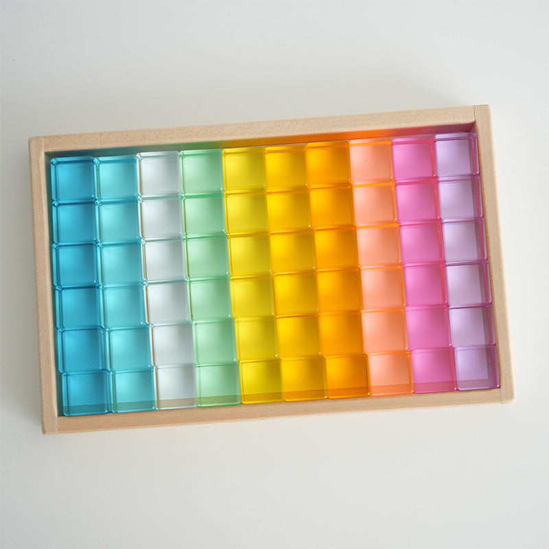 B011 Acrylic Gem Cubes Blocks Translucent Rainbow Building Cubes Crystal Acrylic Cubes Educational Sensory Training Crystal Toys with Wooden Storage Boxes