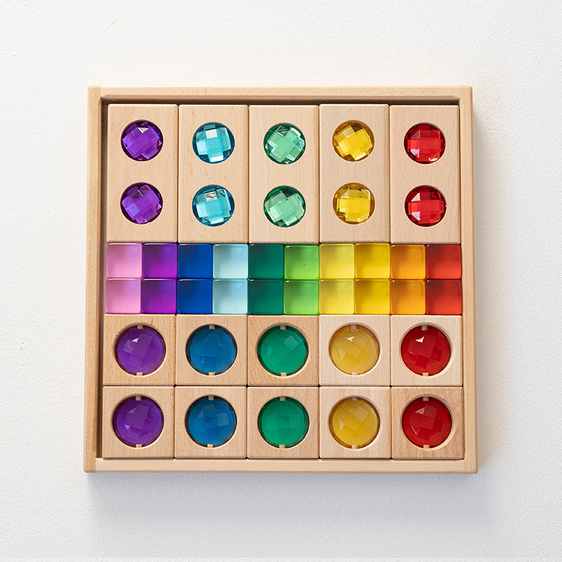 B013 Wooden Gem Blocks Stacking Toys,Colorful Acrylic Windows Blocks, Rainbow Crystal Acrylic Building Cubes Educational Sensory Training Crystal Toys