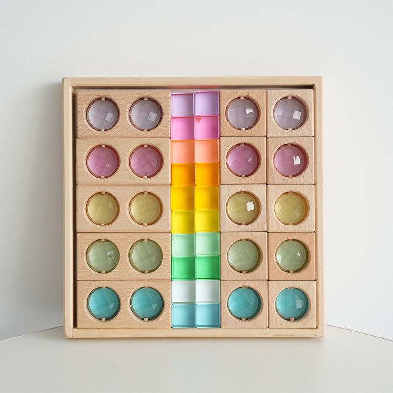 B013 Wooden Gem Blocks Stacking Toys,Colorful Acrylic Windows Blocks, Rainbow Crystal Acrylic Building Cubes Educational Sensory Training Crystal Toys
