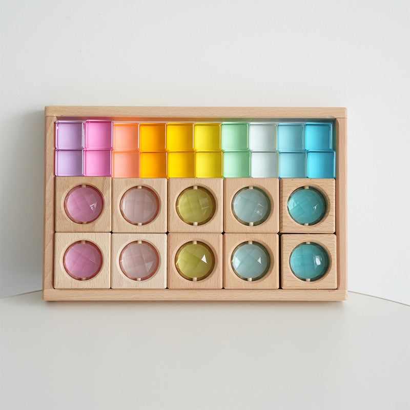 B013 Wooden Gem Blocks Stacking Toys,Colorful Acrylic Windows Blocks, Rainbow Crystal Acrylic Building Cubes Educational Sensory Training Crystal Toys