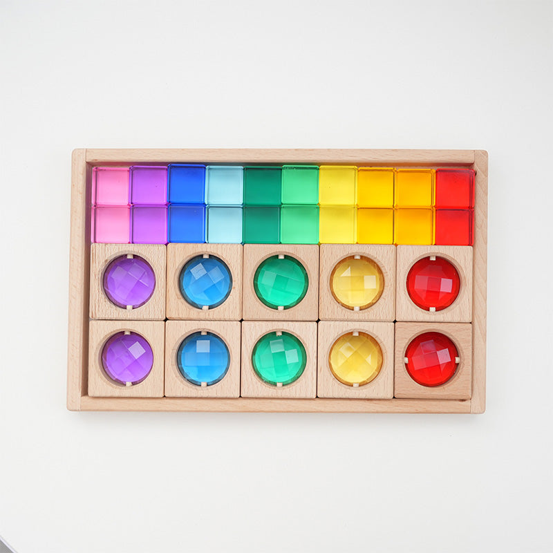 B013 Wooden Gem Blocks Stacking Toys,Colorful Acrylic Windows Blocks, Rainbow Crystal Acrylic Building Cubes Educational Sensory Training Crystal Toys