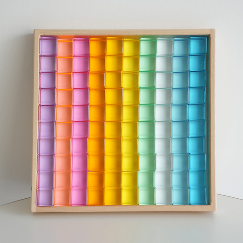 B011 Acrylic Gem Cubes Blocks Translucent Rainbow Building Cubes Crystal Acrylic Cubes Educational Sensory Training Crystal Toys with Wooden Storage Boxes