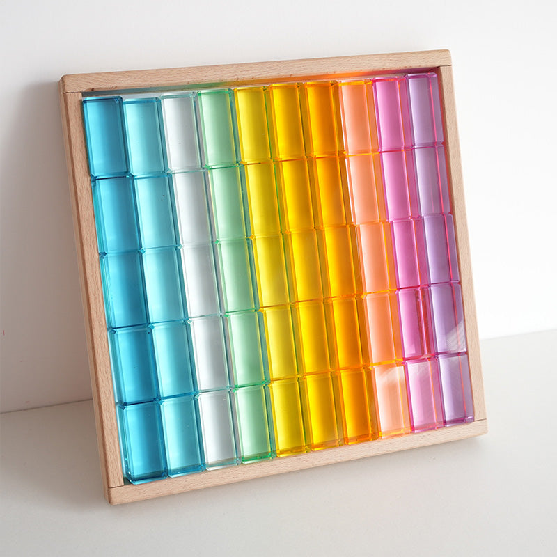 B011 Acrylic Gem Cubes Blocks Translucent Rainbow Building Cubes Crystal Acrylic Cubes Educational Sensory Training Crystal Toys with Wooden Storage Boxes
