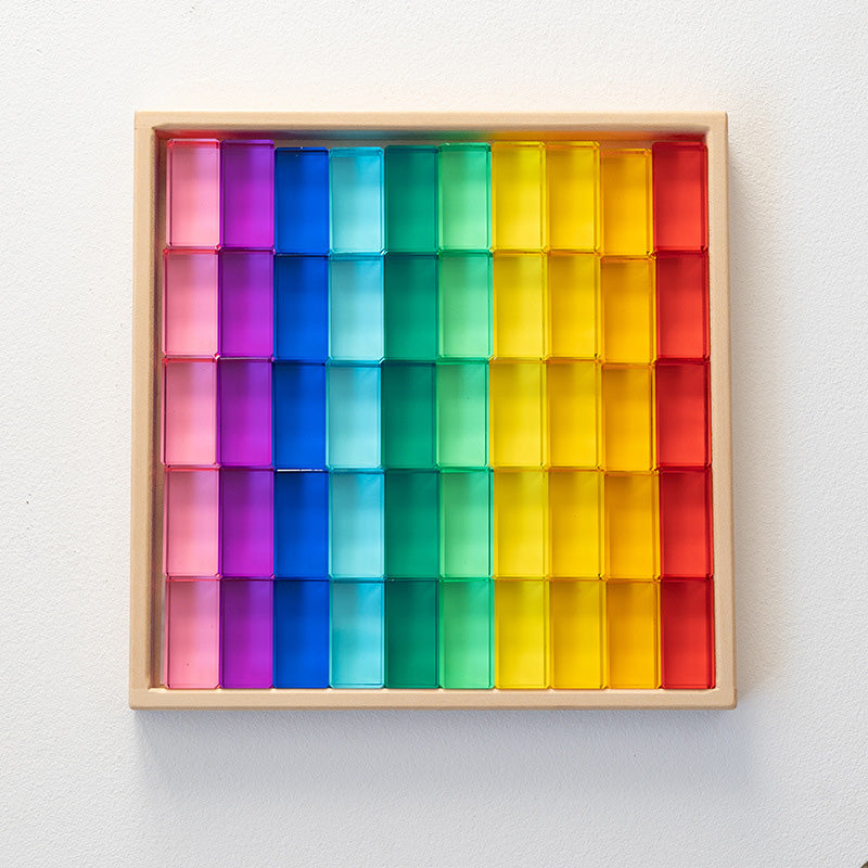 B011 Acrylic Gem Cubes Blocks Translucent Rainbow Building Cubes Crystal Acrylic Cubes Educational Sensory Training Crystal Toys with Wooden Storage Boxes