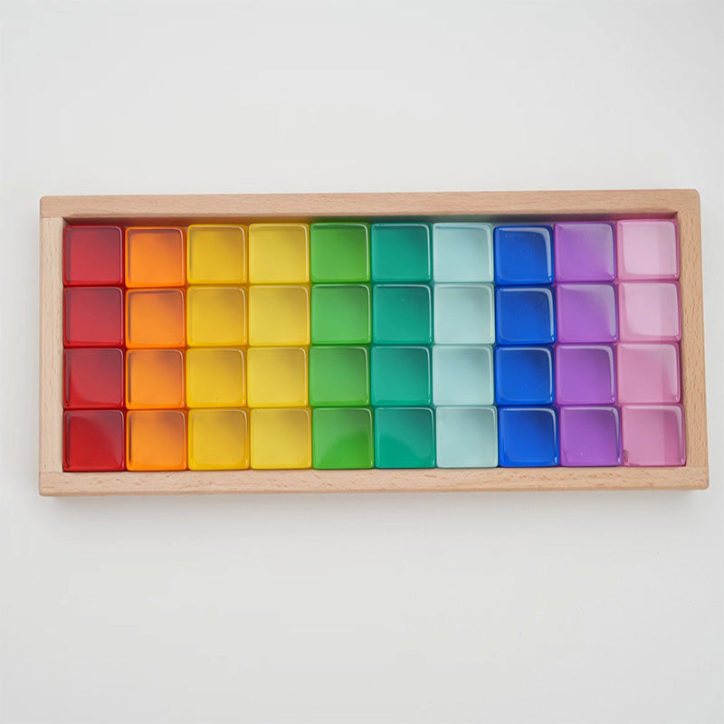 B011 Acrylic Gem Cubes Blocks Translucent Rainbow Building Cubes Crystal Acrylic Cubes Educational Sensory Training Crystal Toys with Wooden Storage Boxes