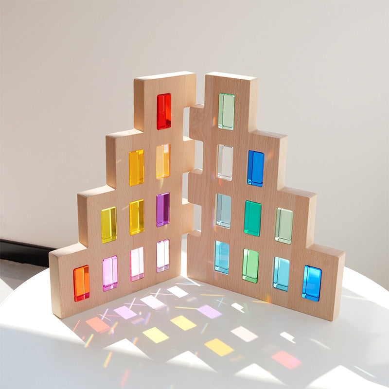 B012 Wooden Building Blocks Set for Kids, 36 PCS Rainbow Acrylic Gem Cubes Blocks - 3 Wood House, Montessori Stacking Toy for Toddlers