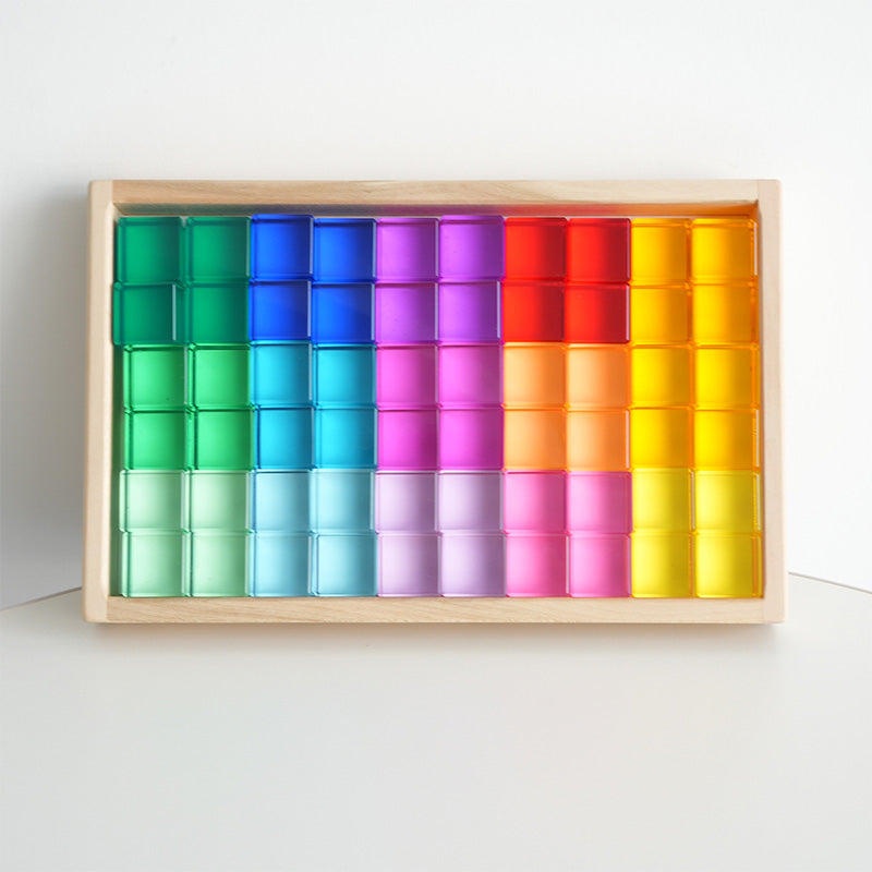 B011 Acrylic Gem Cubes Blocks Translucent Rainbow Building Cubes Crystal Acrylic Cubes Educational Sensory Training Crystal Toys with Wooden Storage Boxes