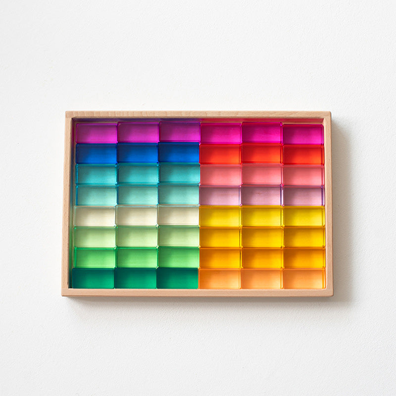 B011 Acrylic Gem Cubes Blocks Translucent Rainbow Building Cubes Crystal Acrylic Cubes Educational Sensory Training Crystal Toys with Wooden Storage Boxes