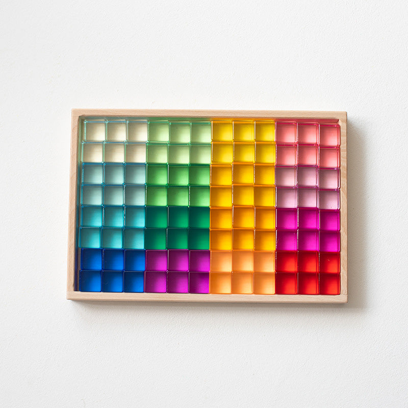 B011 Acrylic Gem Cubes Blocks Translucent Rainbow Building Cubes Crystal Acrylic Cubes Educational Sensory Training Crystal Toys with Wooden Storage Boxes