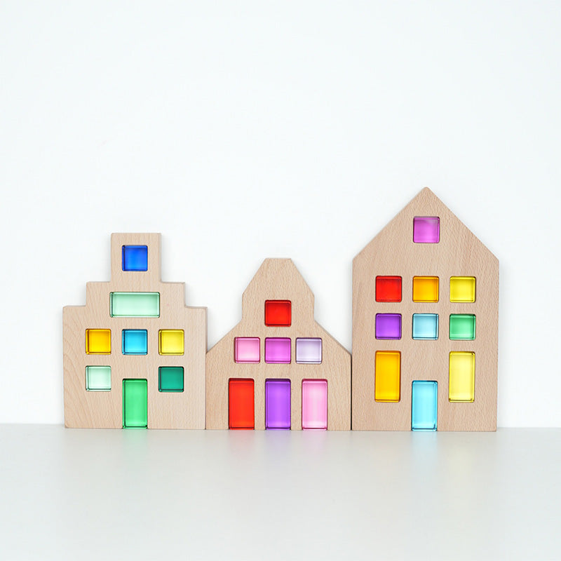 B012 Wooden Building Blocks Set for Kids, 36 PCS Rainbow Acrylic Gem Cubes Blocks - 3 Wood House, Montessori Stacking Toy for Toddlers