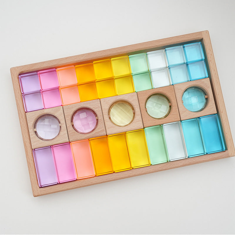 B013 Wooden Gem Blocks Stacking Toys,Colorful Acrylic Windows Blocks, Rainbow Crystal Acrylic Building Cubes Educational Sensory Training Crystal Toys