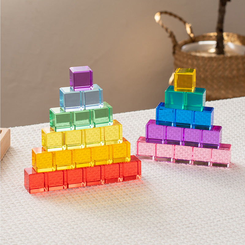 B011 Acrylic Gem Cubes Blocks Translucent Rainbow Building Cubes Crystal Acrylic Cubes Educational Sensory Training Crystal Toys with Wooden Storage Boxes