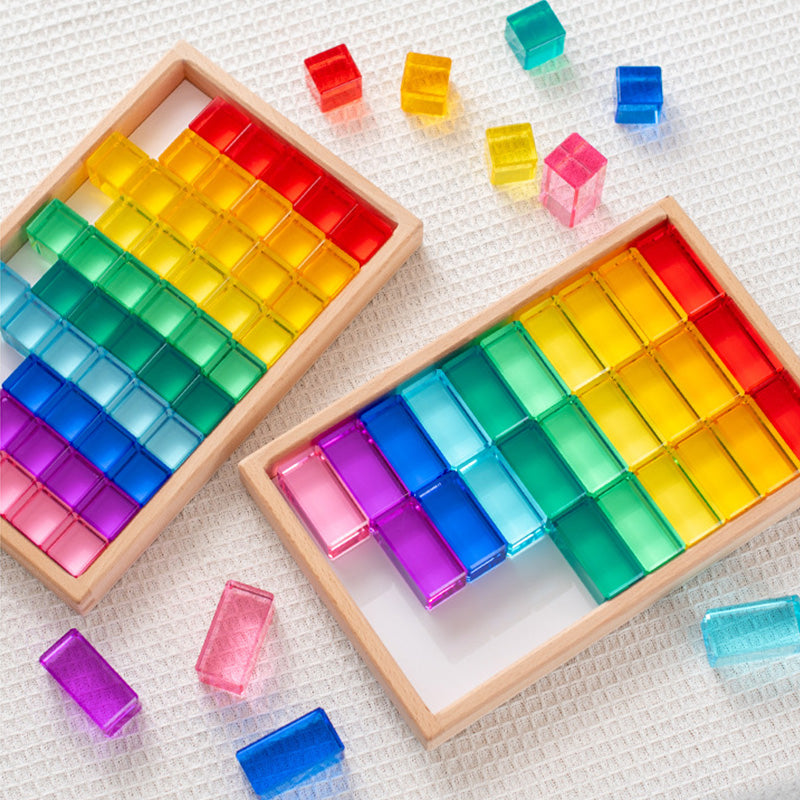 B011 Acrylic Gem Cubes Blocks Translucent Rainbow Building Cubes Crystal Acrylic Cubes Educational Sensory Training Crystal Toys with Wooden Storage Boxes