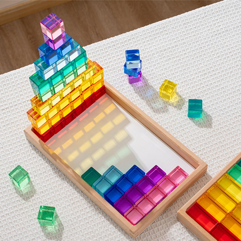 B011 Acrylic Gem Cubes Blocks Translucent Rainbow Building Cubes Crystal Acrylic Cubes Educational Sensory Training Crystal Toys with Wooden Storage Boxes