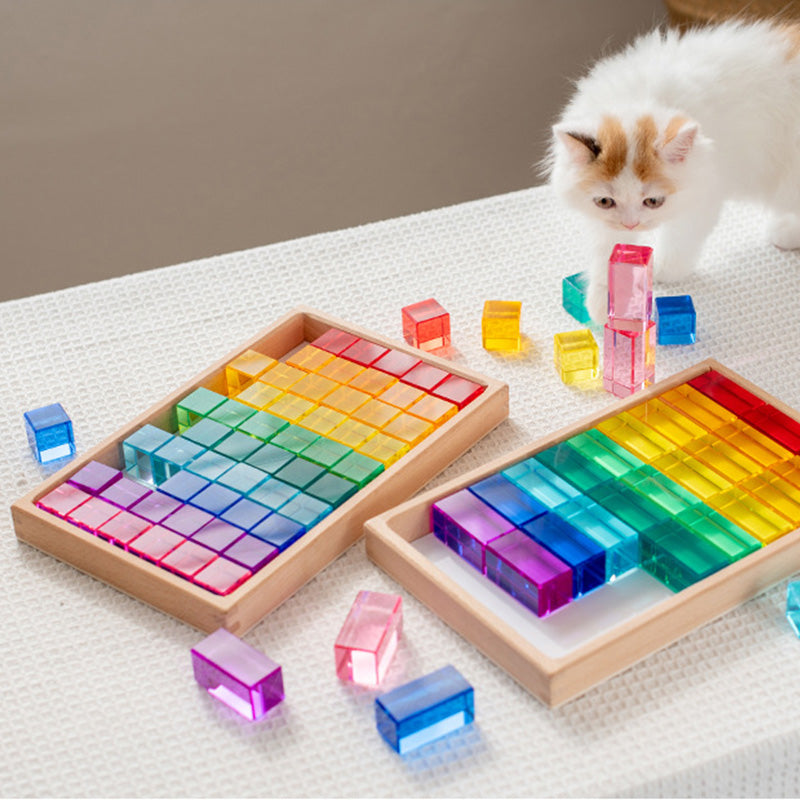 B011 Acrylic Gem Cubes Blocks Translucent Rainbow Building Cubes Crystal Acrylic Cubes Educational Sensory Training Crystal Toys with Wooden Storage Boxes