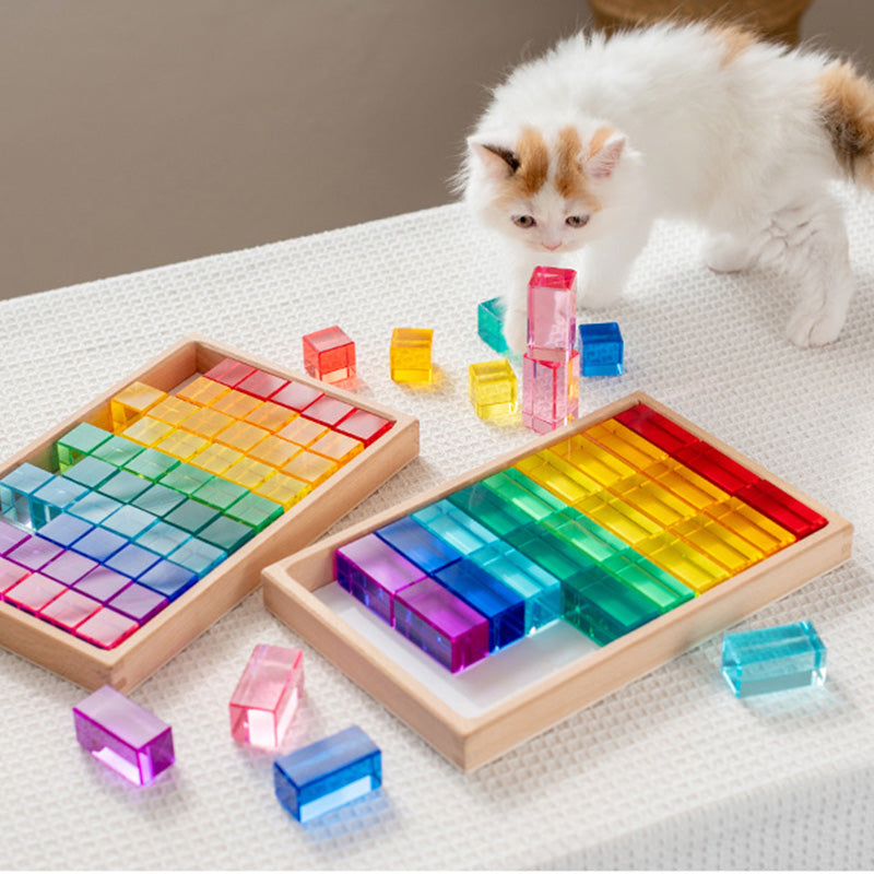 B011 Acrylic Gem Cubes Blocks Translucent Rainbow Building Cubes Crystal Acrylic Cubes Educational Sensory Training Crystal Toys with Wooden Storage Boxes