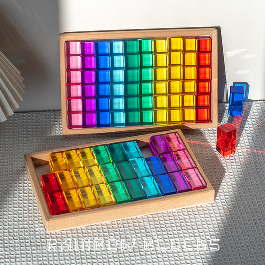 B011 Acrylic Gem Cubes Blocks Translucent Rainbow Building Cubes Crystal Acrylic Cubes Educational Sensory Training Crystal Toys with Wooden Storage Boxes