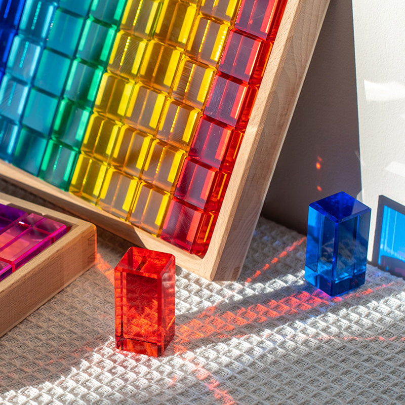 B011 Acrylic Gem Cubes Blocks Translucent Rainbow Building Cubes Crystal Acrylic Cubes Educational Sensory Training Crystal Toys with Wooden Storage Boxes