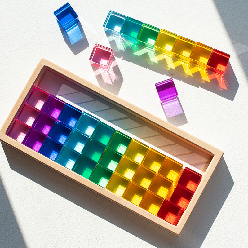 B011 Acrylic Gem Cubes Blocks Translucent Rainbow Building Cubes Crystal Acrylic Cubes Educational Sensory Training Crystal Toys with Wooden Storage Boxes