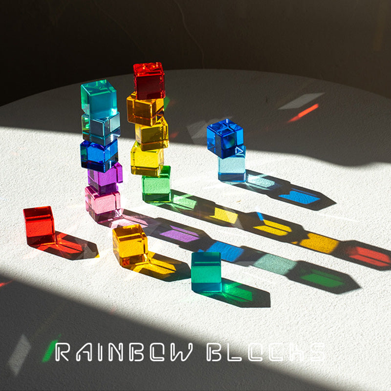 B011 Acrylic Gem Cubes Blocks Translucent Rainbow Building Cubes Crystal Acrylic Cubes Educational Sensory Training Crystal Toys with Wooden Storage Boxes