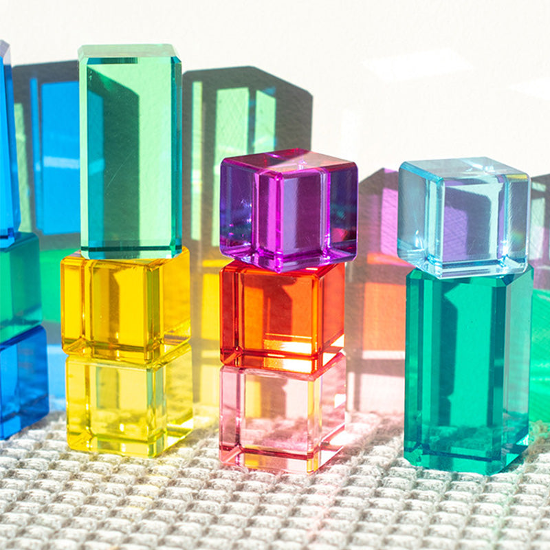 B011 Acrylic Gem Cubes Blocks Translucent Rainbow Building Cubes Crystal Acrylic Cubes Educational Sensory Training Crystal Toys with Wooden Storage Boxes