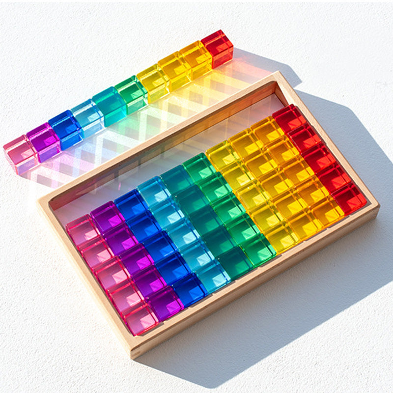 B011 Acrylic Gem Cubes Blocks Translucent Rainbow Building Cubes Crystal Acrylic Cubes Educational Sensory Training Crystal Toys with Wooden Storage Boxes