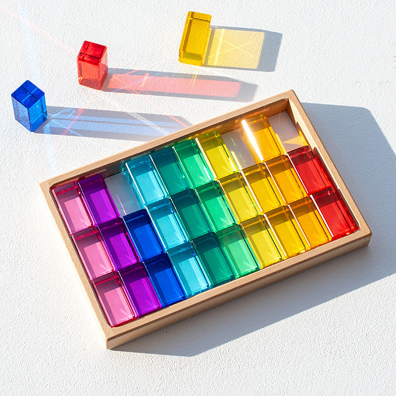 B011 Acrylic Gem Cubes Blocks Translucent Rainbow Building Cubes Crystal Acrylic Cubes Educational Sensory Training Crystal Toys with Wooden Storage Boxes