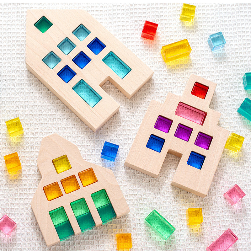 B012 Wooden Building Blocks Set for Kids, 36 PCS Rainbow Acrylic Gem Cubes Blocks - 3 Wood House, Montessori Stacking Toy for Toddlers