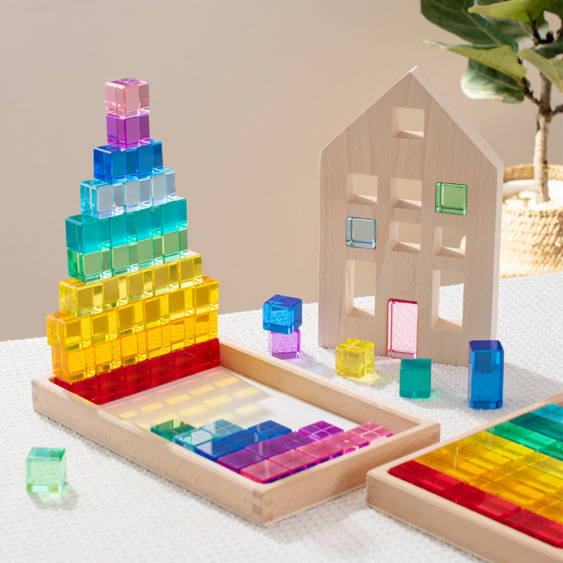 B012 Wooden Building Blocks Set for Kids, 36 PCS Rainbow Acrylic Gem Cubes Blocks - 3 Wood House, Montessori Stacking Toy for Toddlers